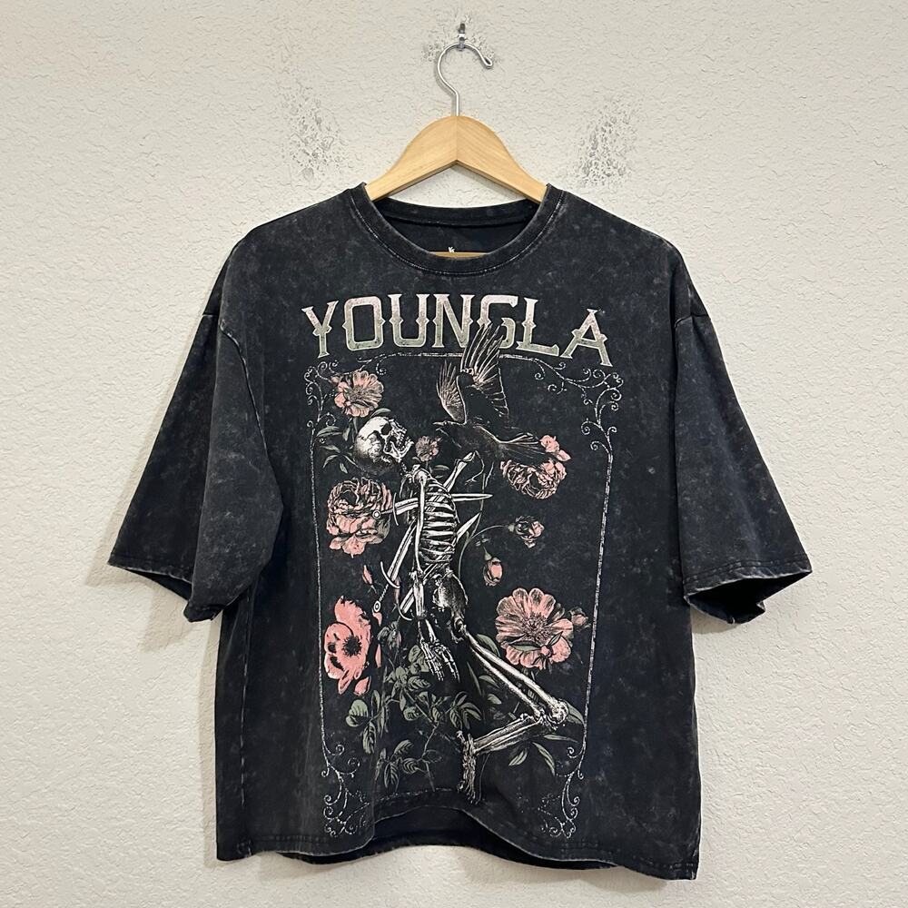 YOUNGLA T-Shirt Black Wash Floral Skeleton Graphic Tee Relaxed Edgy